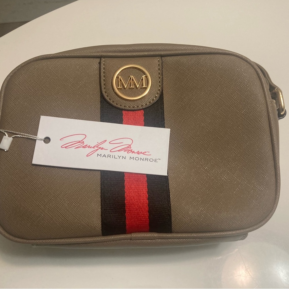 Marilyn Monroe Taupe Crossbody Bag with Red & Black Stripe